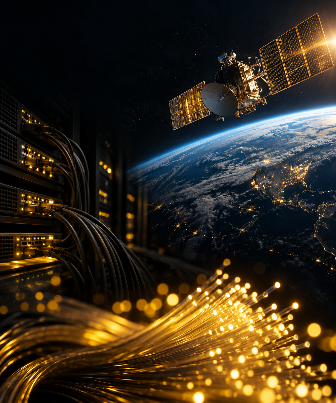 Satélite sobre a Terra, infraestrutura de internet e feixes luminosos de fibra óptica, imagem gerada por IA